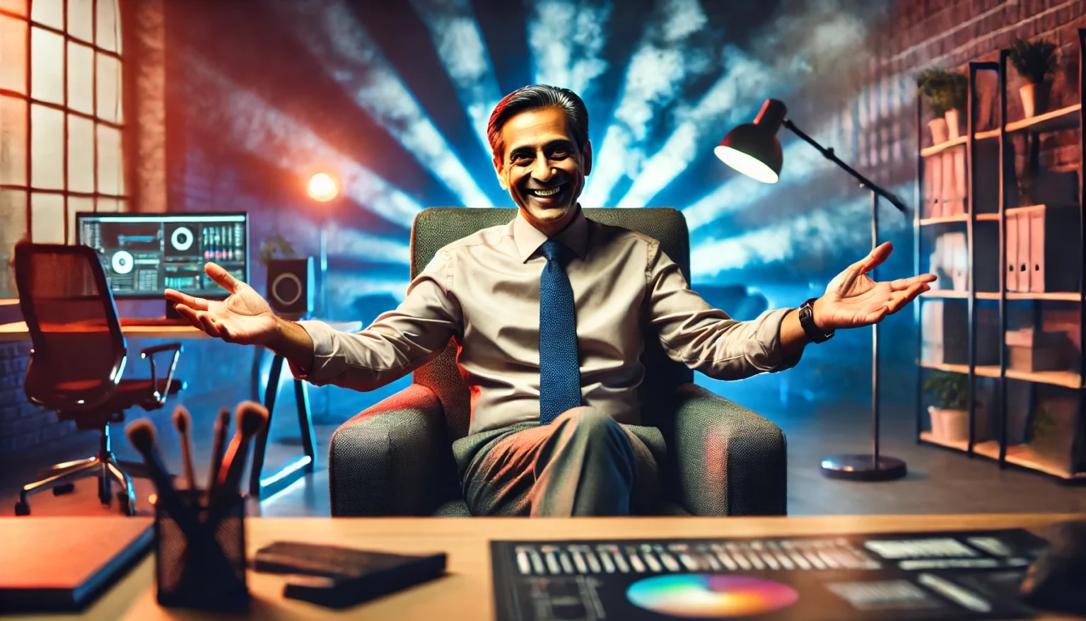 A middle-aged consultant sitting in his office, looking satisfied and joyful while facing the camera with open arms. The scene features a stylish, futuristic, and stunning product studio photography look with low-key lighting, bokeh, vibrant colors, and smoke effects.