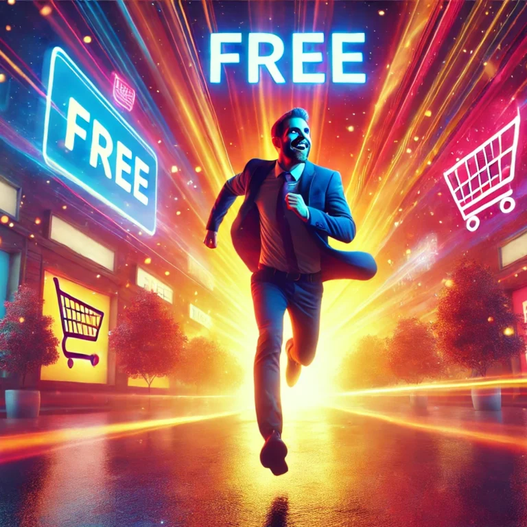 Happy customer running towards a 'FREE' website in a comedic, futuristic product studio setting. The image includes low-key lighting, bokeh, and smoke effects.