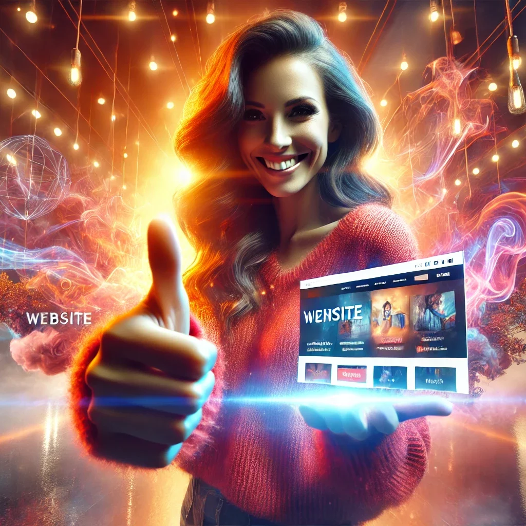 A smiling customer giving a thumbs up while receiving a website in a stylish, futuristic product studio. The setting includes low-key lighting, bokeh effects, and curling smoke, creating a visually striking and modern environment.