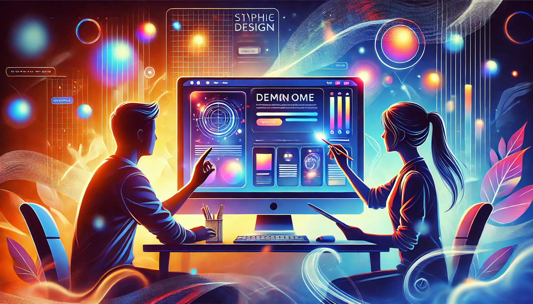 Two people crafting a website in stylish vector art. They are working on a sleek monitor displaying a futuristic website with gradients and vibrant colors, featuring graphic design elements. The background includes bokeh effects with soft, out-of-focus lights in blue, orange, and yellow tones. Wisps of smoke curl around, adding a mysterious atmosphere.